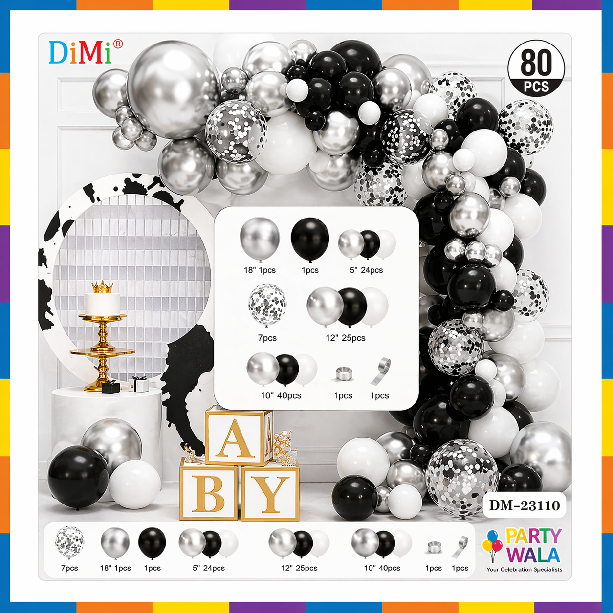 100-PCS Black and White Balloon with Silver Chrome and Confetti Balloons Garland Kit For Birthday, Wedding And Other Celebration DM-23110