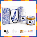 Hajj Mubarak Gift Set –Blue Islamic Gift Packaging with Bottle & Tin Can