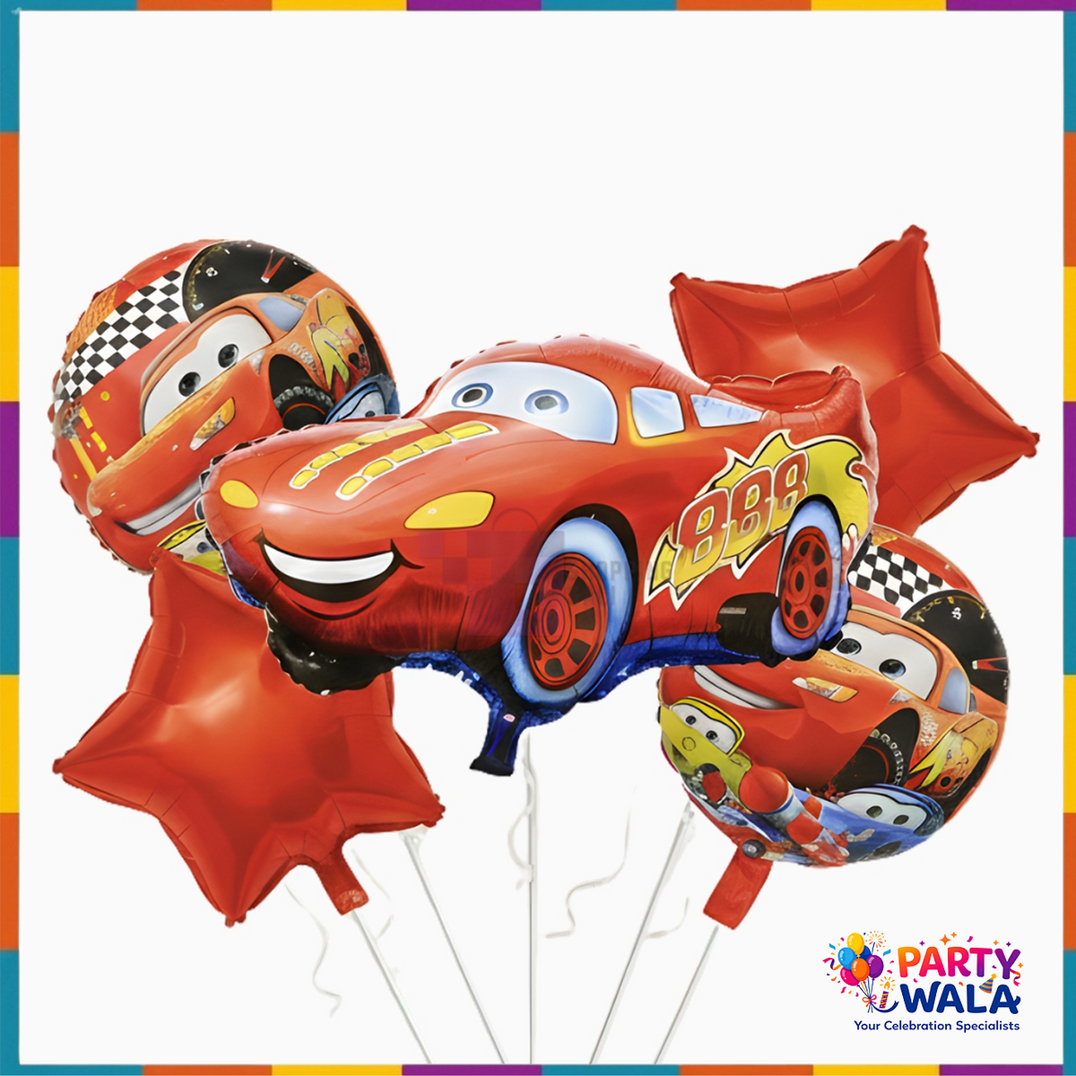 Cars Theme Foil Balloon Set 5 PCS with red racing car, round printed and star balloons