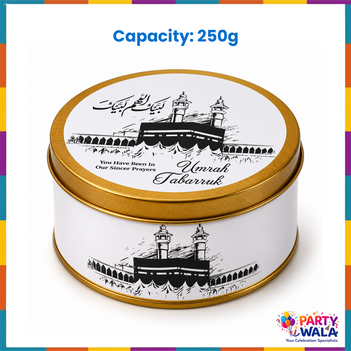 250g round Umrah Tabarruk tin box with gold lid and black and white Kaaba art