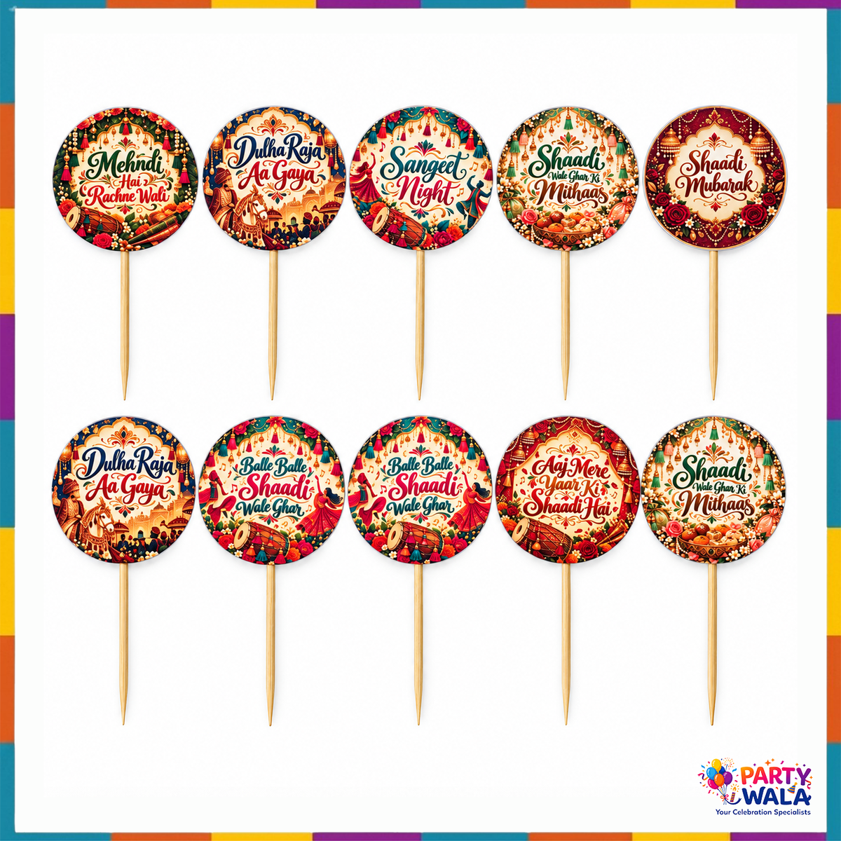 Pack of ten colorful wedding mithai toppers with Mehndi, Sangeet and Shaadi designs