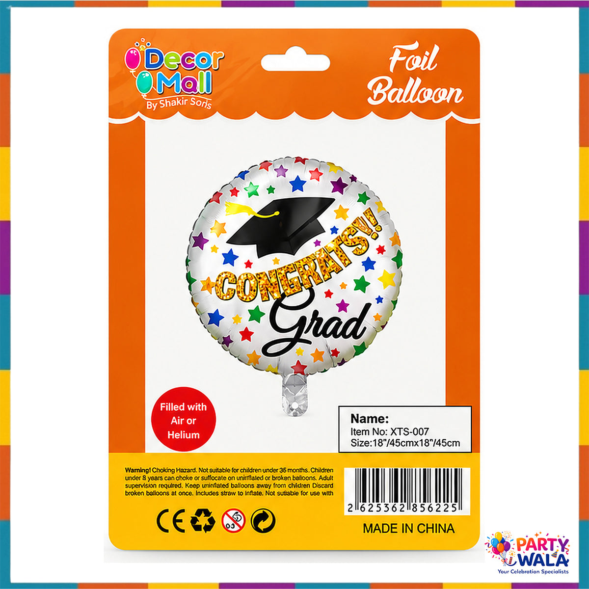 18 inch Congrats Grad foil balloon in Decor Mall retail packaging showing size and air or helium filling