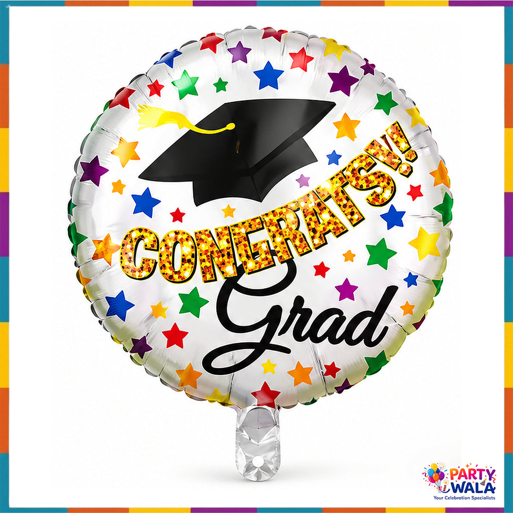 Congrats Grad 18 inch round silver foil balloon with graduation cap gold congratulations text and colourful stars
