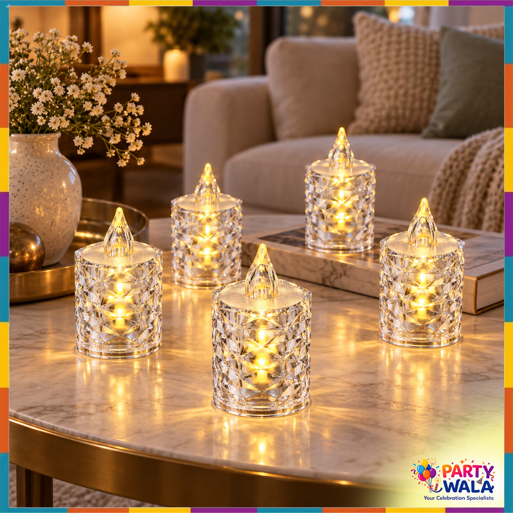 Four crystal-style candle lights arranged together for display; sold individually