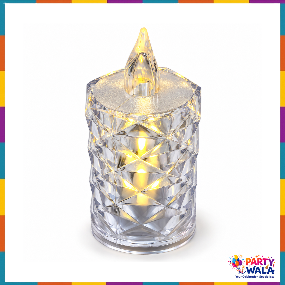 Single crystal-style flameless candle light with faceted clear body and warm glow