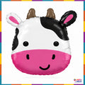 Cute cow face 18 inch foil balloon for farm animal birthday with pink muzzle and black white patches