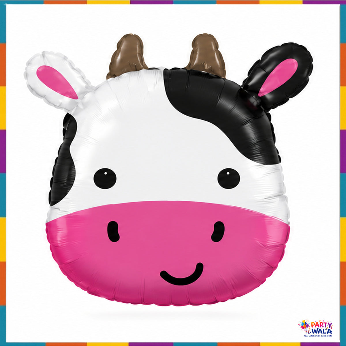 Cute cow face 18 inch foil balloon for farm animal birthday with pink muzzle and black white patches