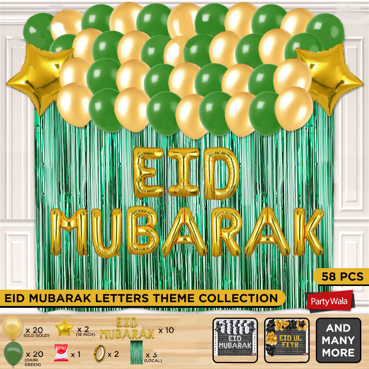 58-Pcs Eid Mubarak Gold Foil Balloon Curtain Theme Collection