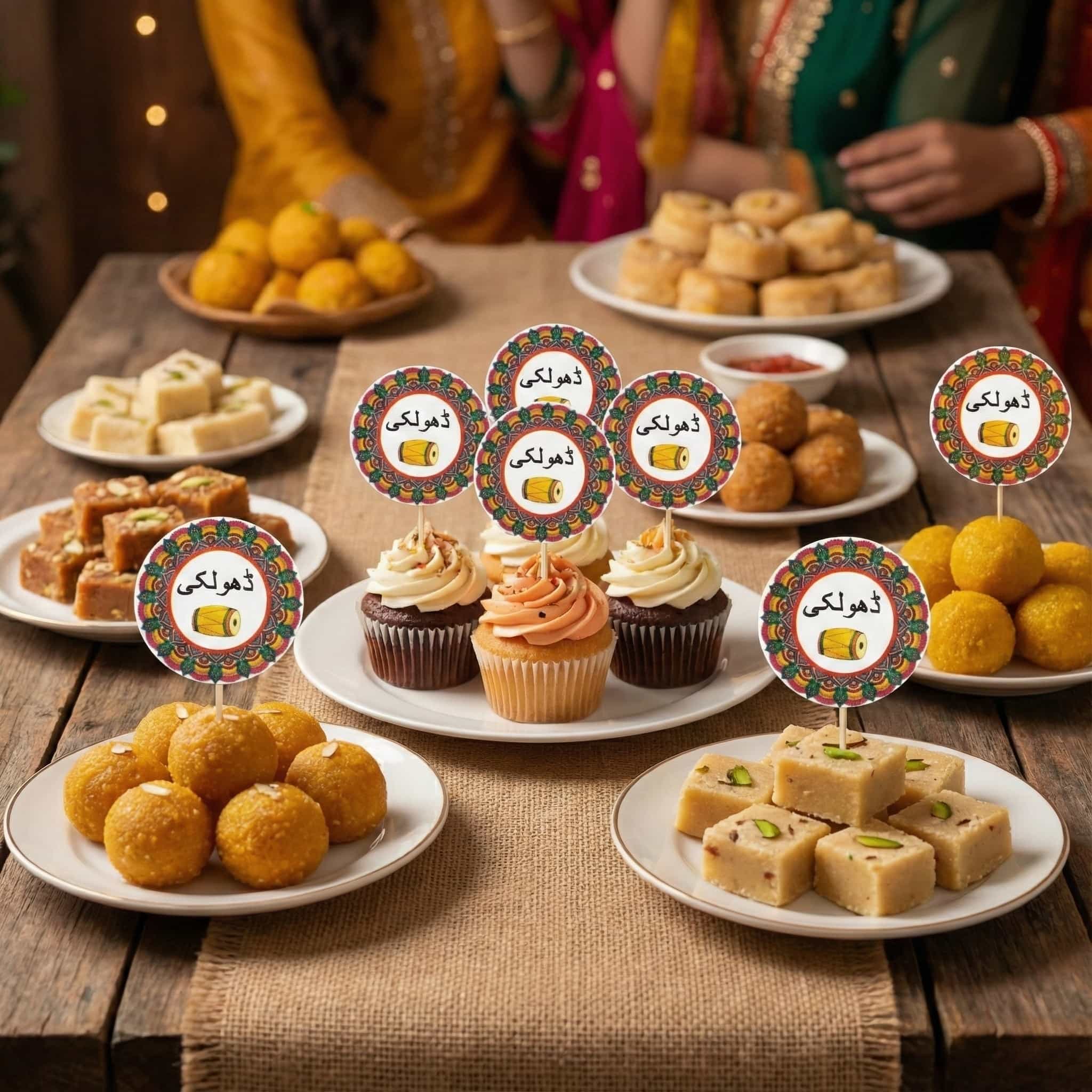 Dholki Mithai / Cup Cake Toppers For Dholki Theme Decoration & Celebration (10 Pcs)