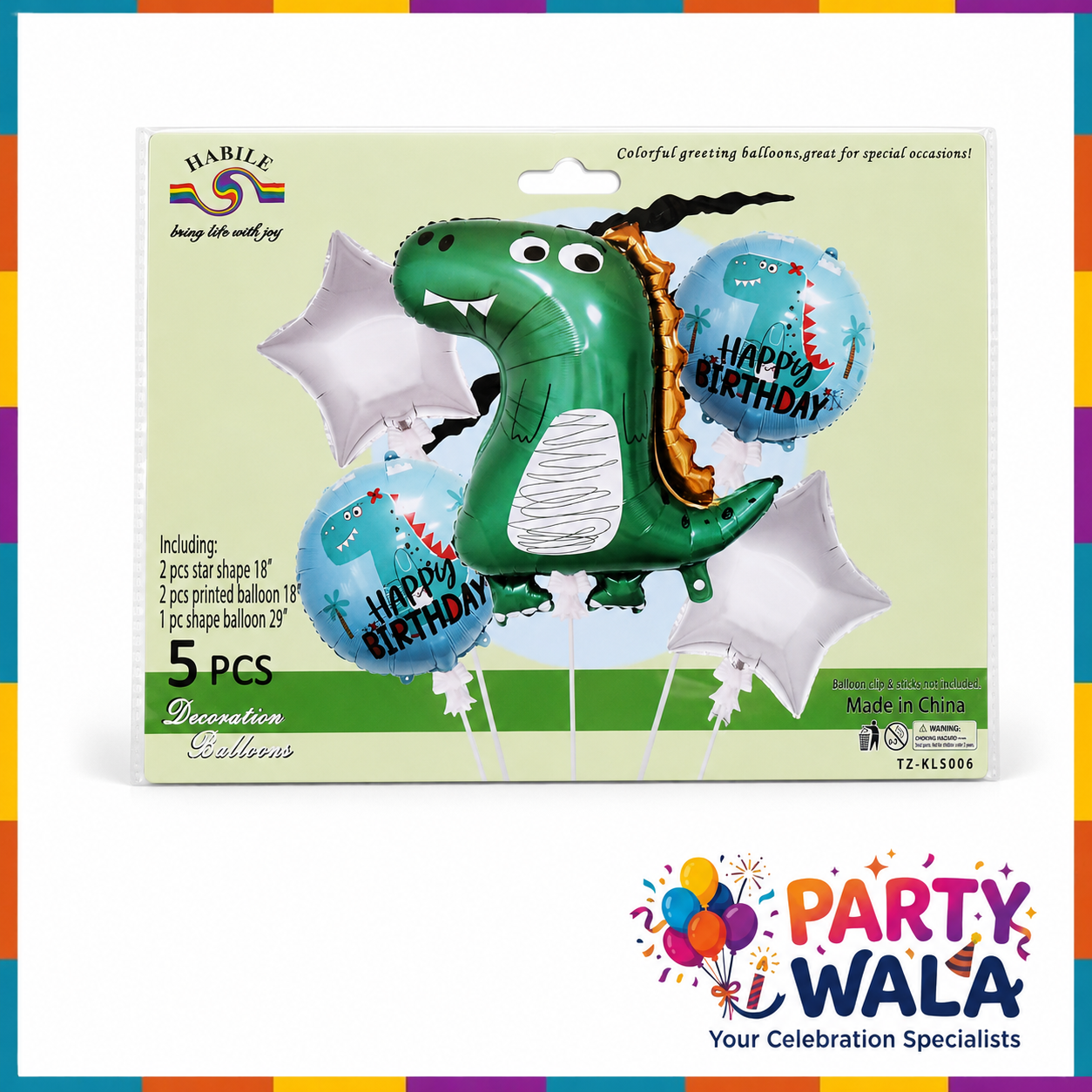Dinosaur Theme Happy Birthday Foil Balloons 5 Pcs Set