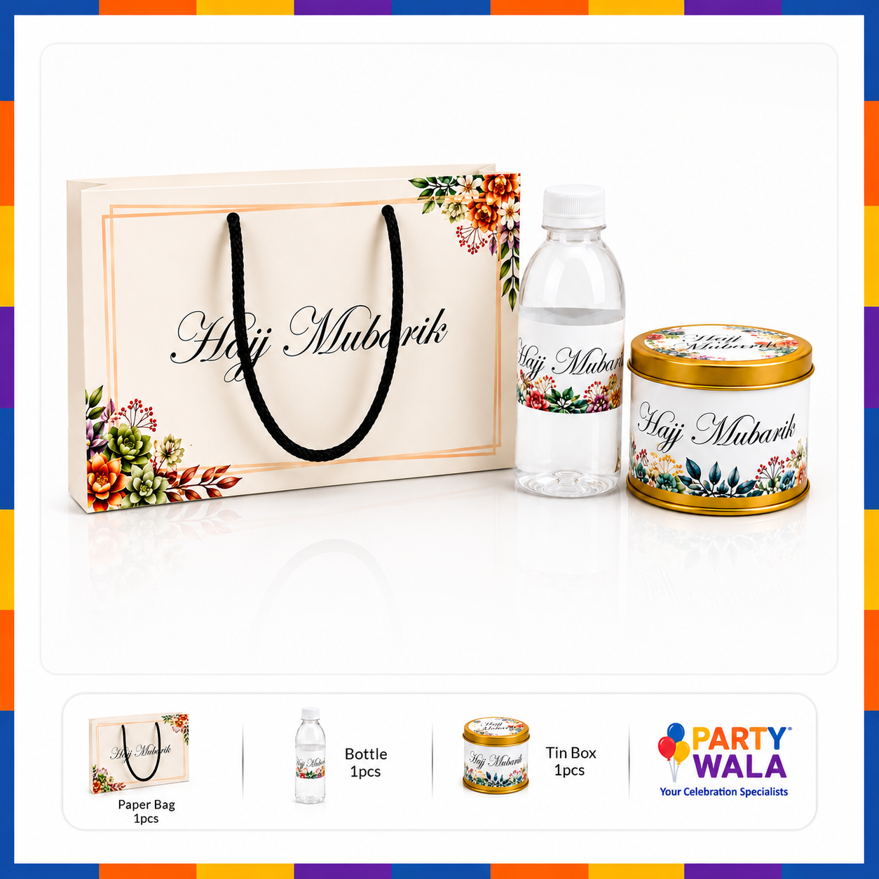 Hajj Mubarak Gift Set –Elegant Floral Gift Packaging with Bottle & Tin Can