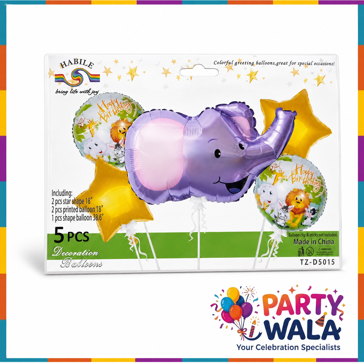 Elephant Theme Happy Birthday Foil Balloons 5 Pcs Set