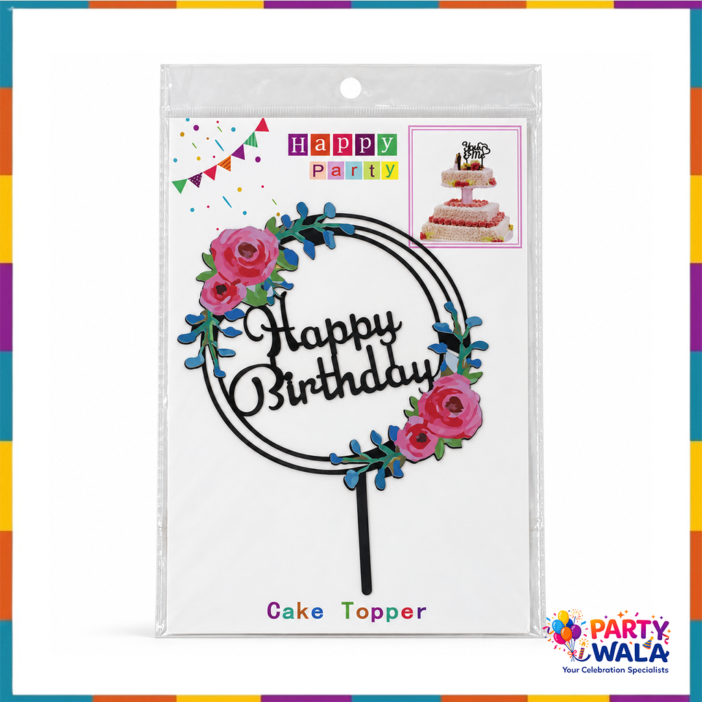 Floral Happy Birthday cake topper displayed in its package