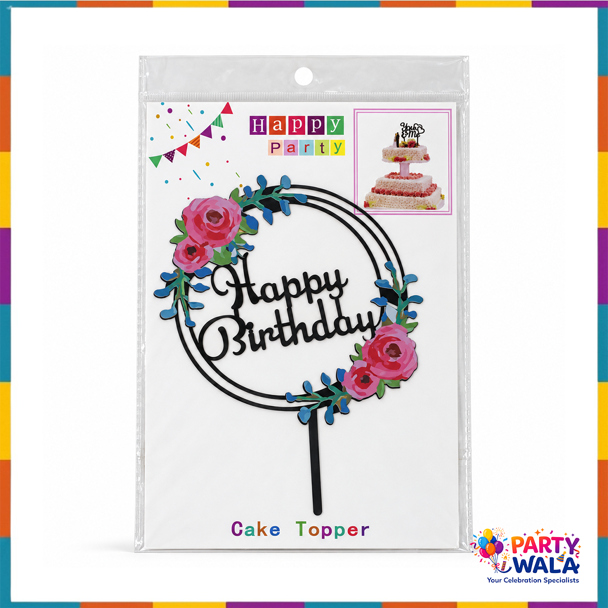 Floral Happy Birthday cake topper displayed in its package