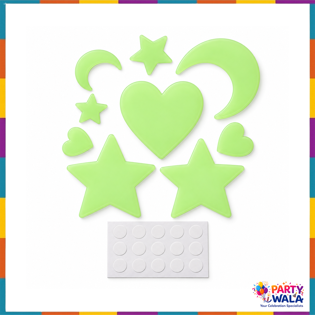 Fluorescent green moon, stars and heart wall decoration pieces with adhesive dots