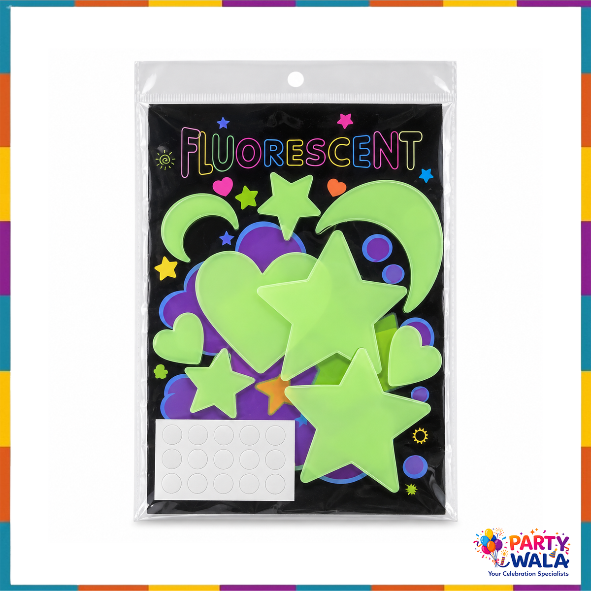 Packaged fluorescent green moon, star and heart wall decoration set with adhesive dots