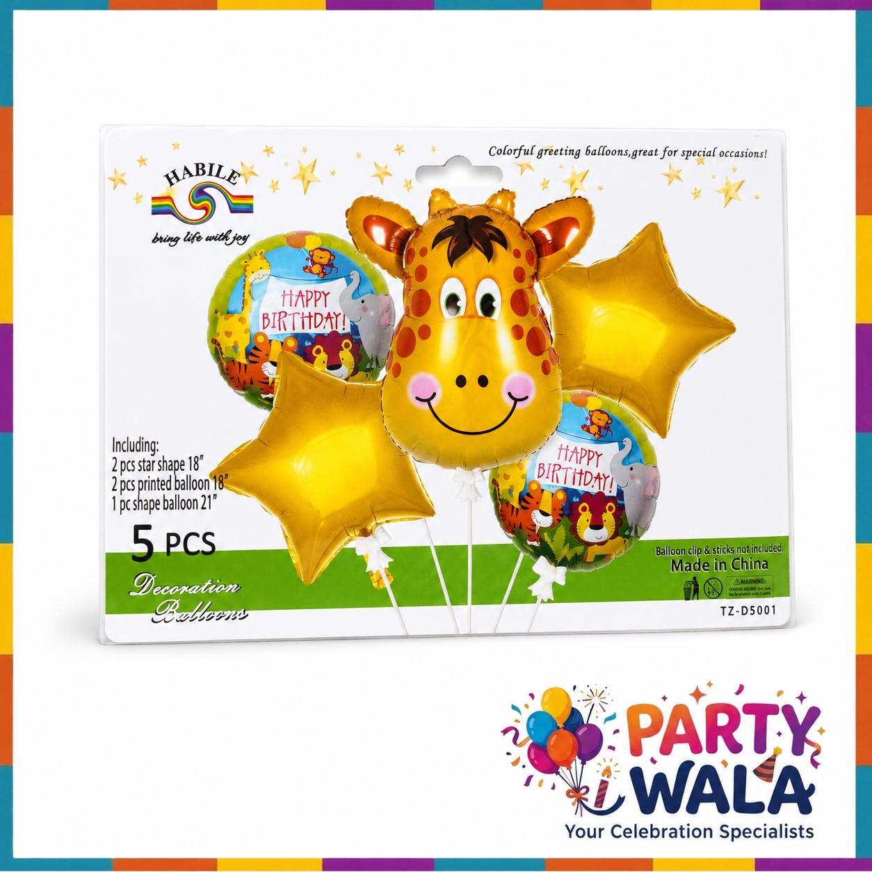 Giraffe Theme Happy Birthday Foil Balloons 5 Pcs Set