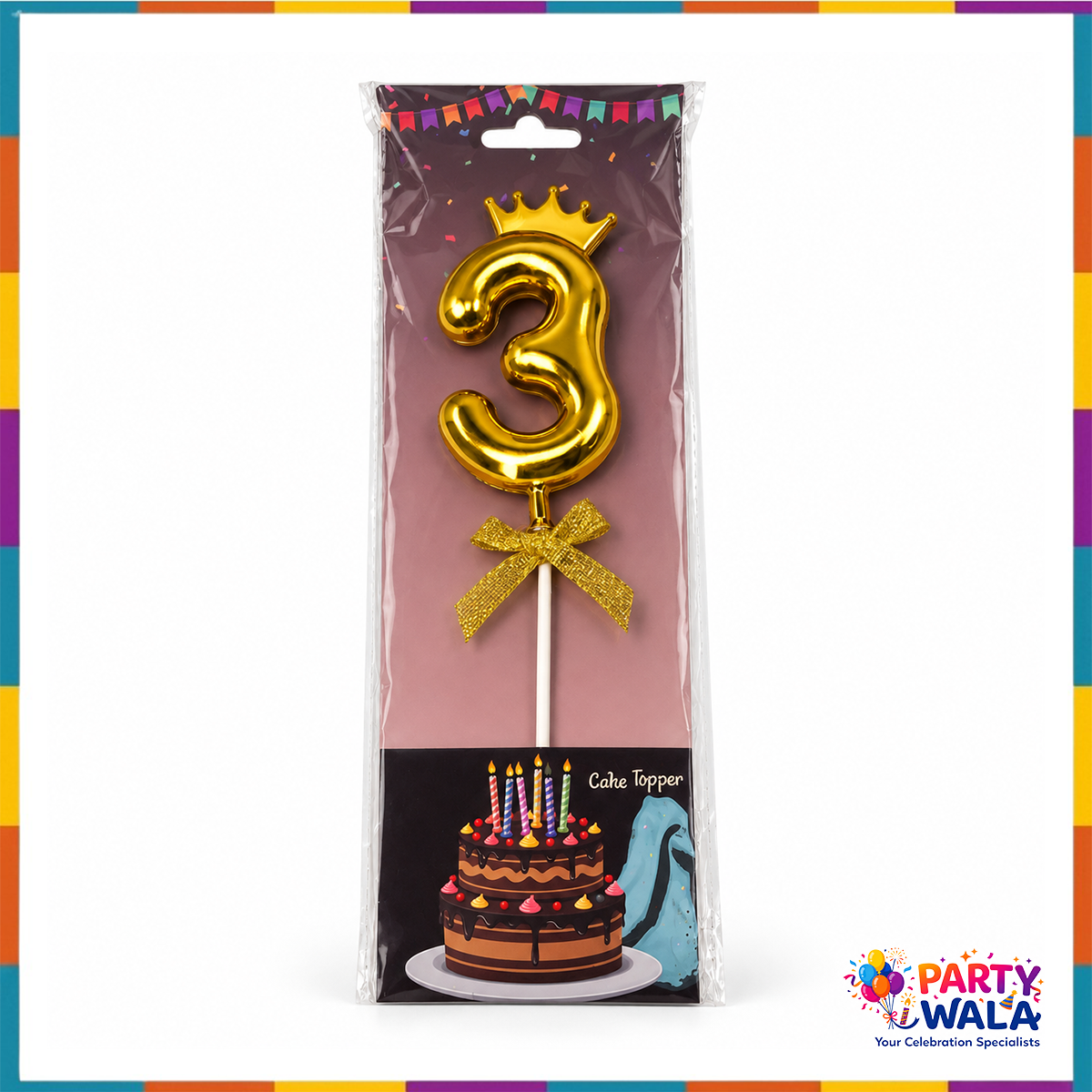 Gold crown number 3 cake topper with bow and white pick shown in its clear retail sleeve