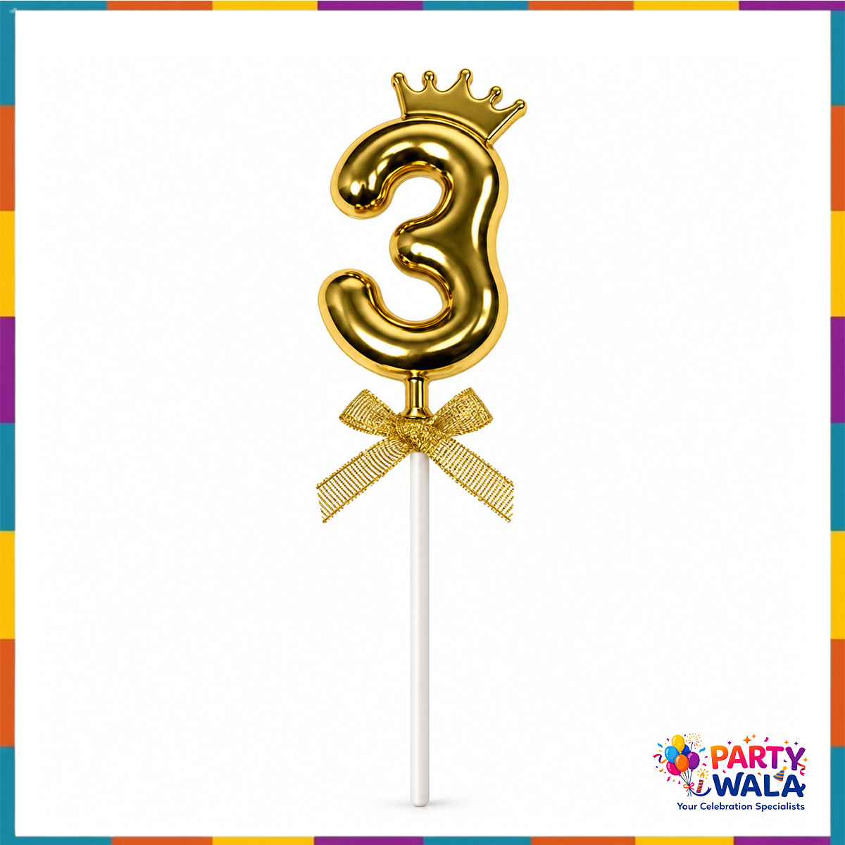 Gold number 3 crown cake topper with gold bow and white pick on a white background