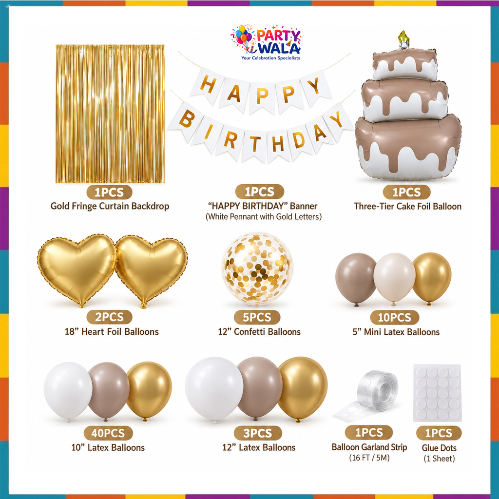 Gold birthday kit contents with balloon quantities, gold fringe curtain, banner and accessories