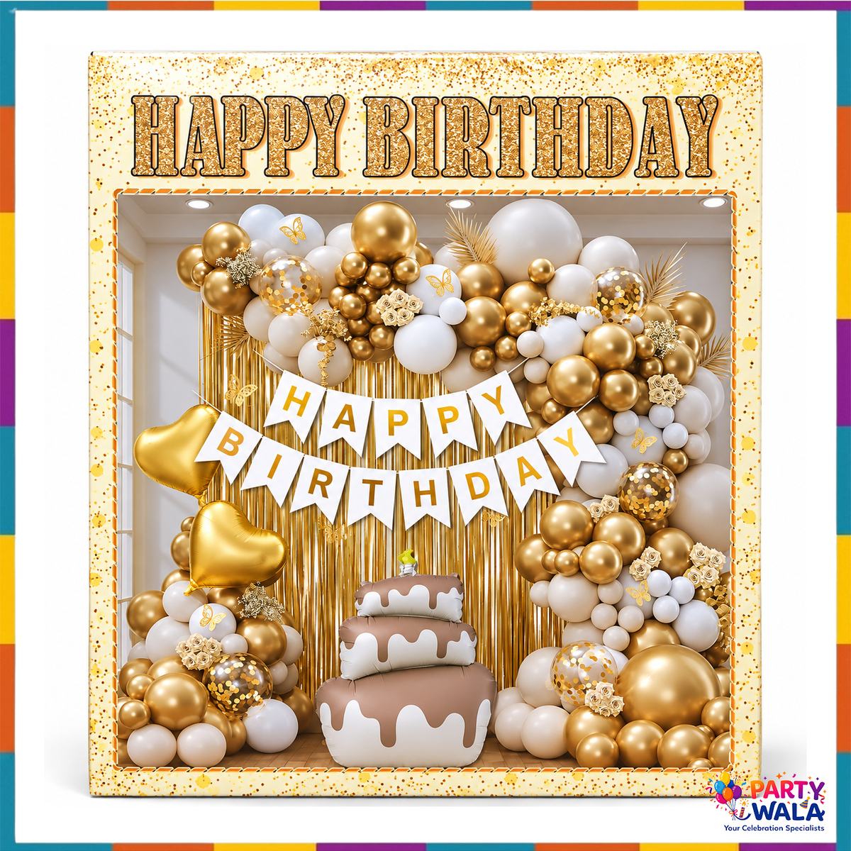 Gold and white birthday balloon decoration kit presentation