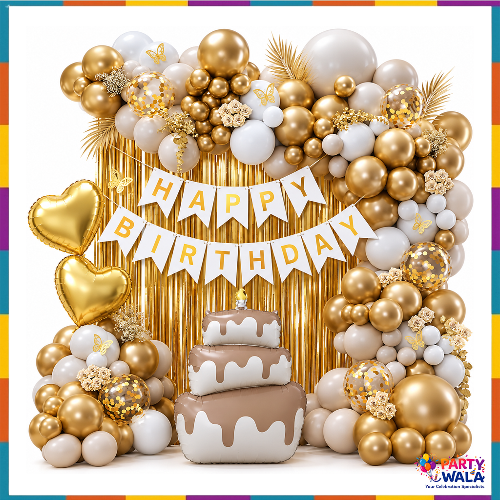 Gold white and taupe birthday balloon garland with gold curtain, banner, heart foils and cake foil