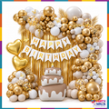 Gold white and taupe birthday balloon garland with gold curtain, banner, heart foils and cake foil
