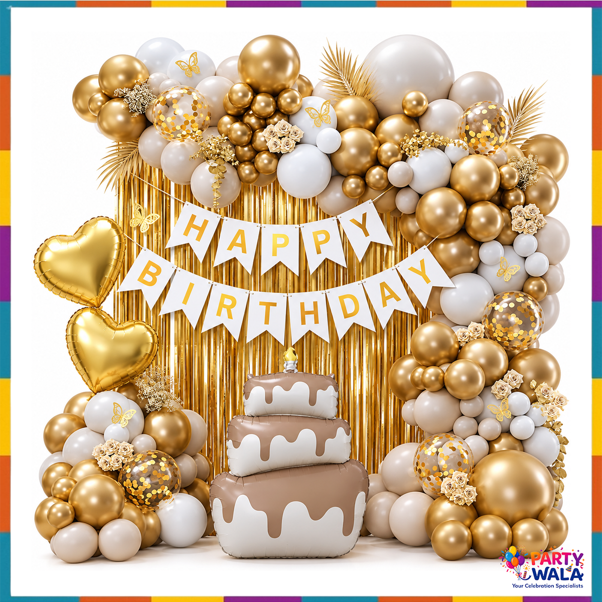 Gold white and taupe birthday balloon garland with gold curtain, banner, heart foils and cake foil