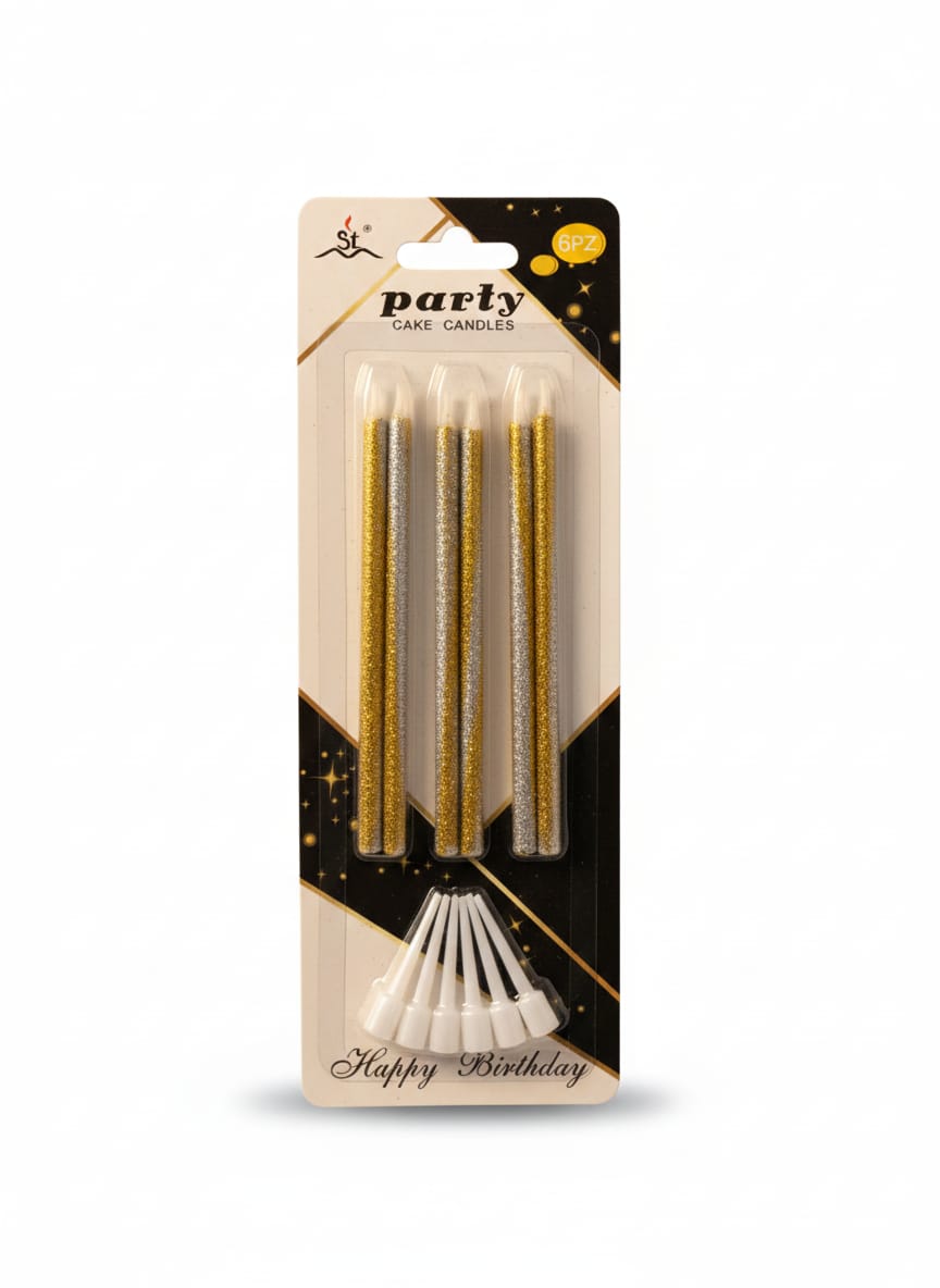 Gold Shades Glitter Birthday Cake Candles With White Plastic Holders | Available in 3 Different Shades | Pack of 6