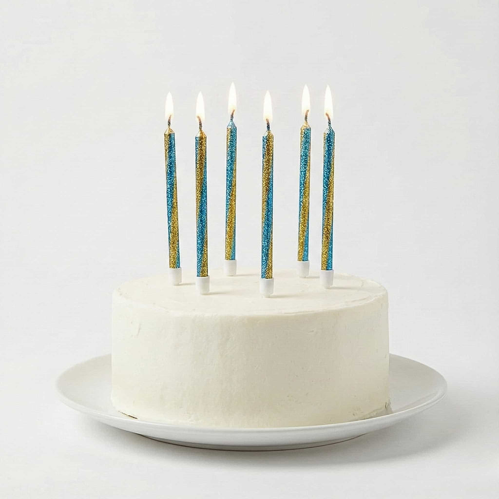 Gold Shades Glitter Birthday Cake Candles With White Plastic Holders | Available in 3 Different Shades | Pack of 6