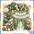 Green cream and gold birthday balloon garland with heart foils, fringe curtain and birthday banner
