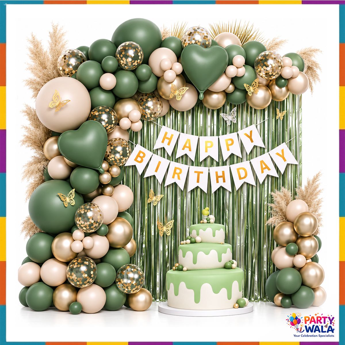 Green cream and gold birthday balloon garland with heart foils, fringe curtain and birthday banner