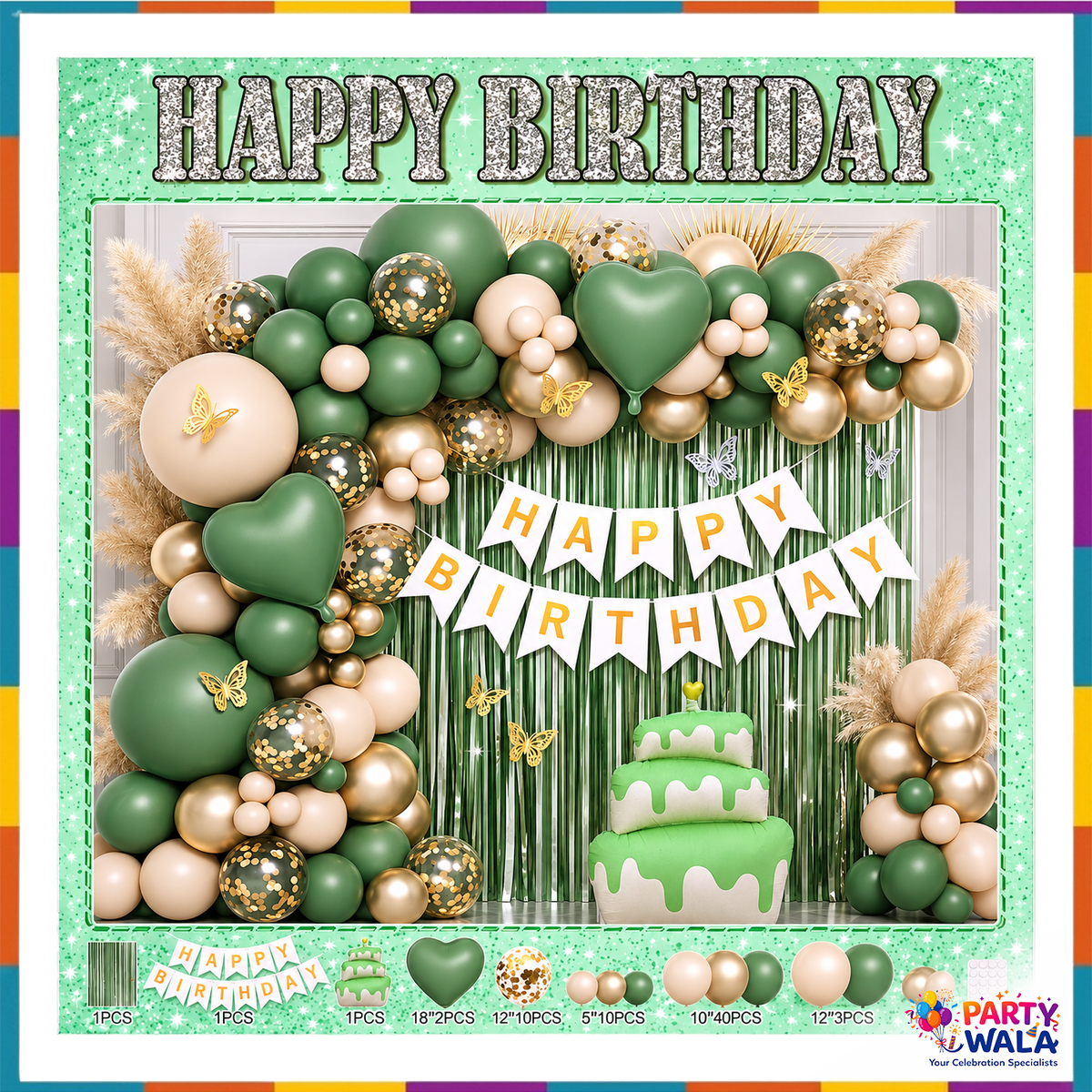 Green and gold birthday balloon decoration kit presentation