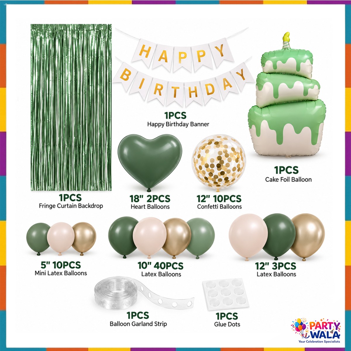 Green birthday kit contents with fringe curtain, banner, cake foil, heart balloons and latex balloon quantities