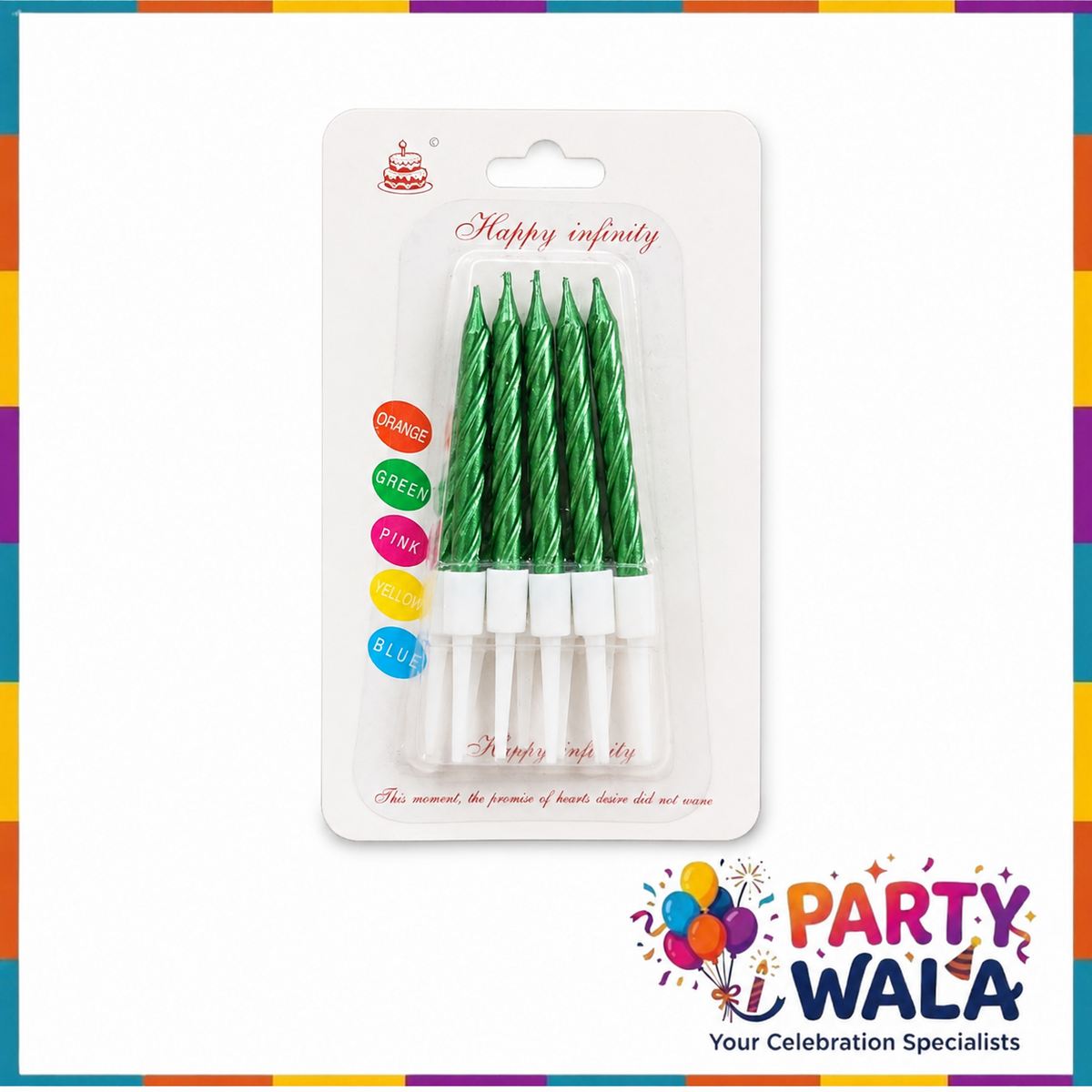 Green Happy Infinity metallic spiral birthday candles, pack of 6
