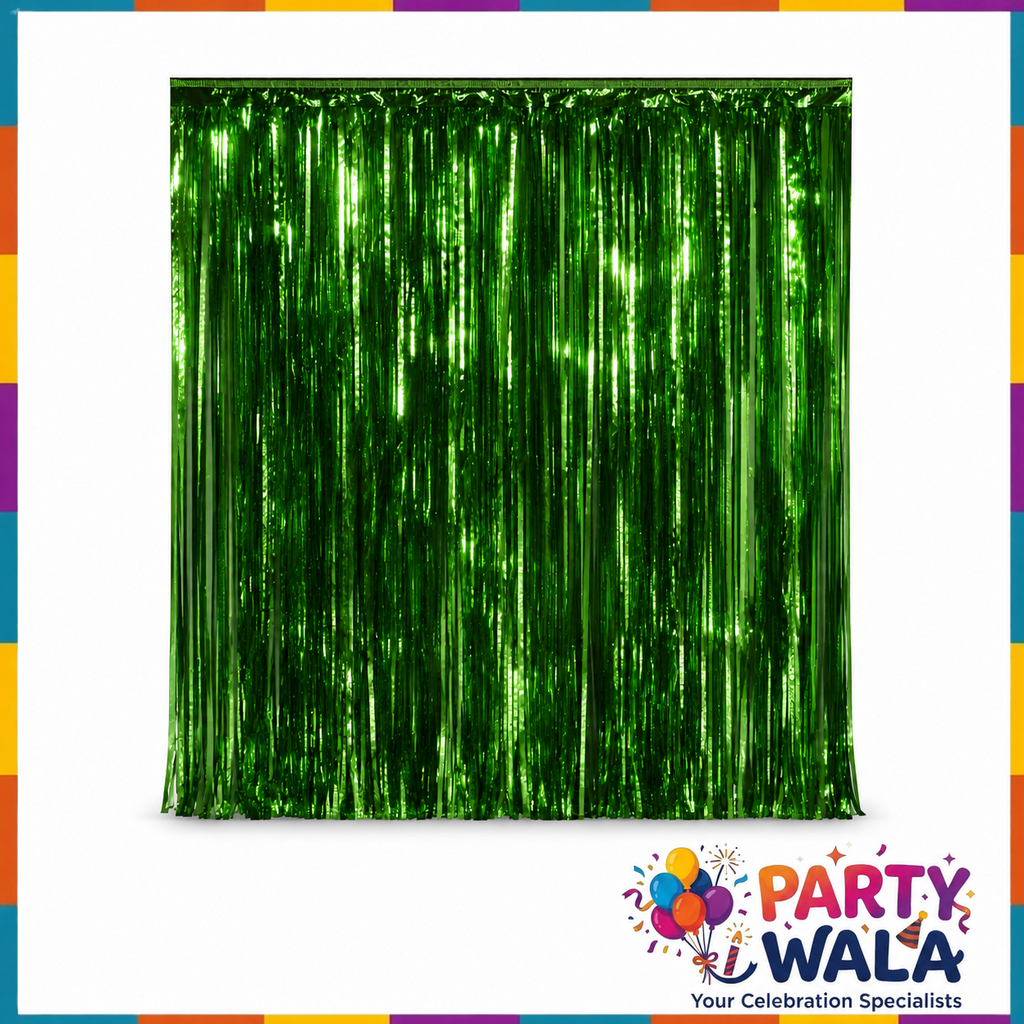 Green metallic foil fringe curtain displayed as a party backdrop
