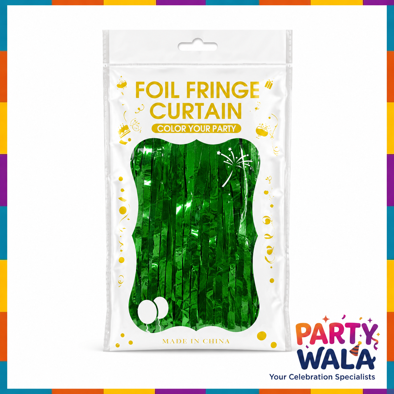 Green metallic foil fringe curtain in retail packaging
