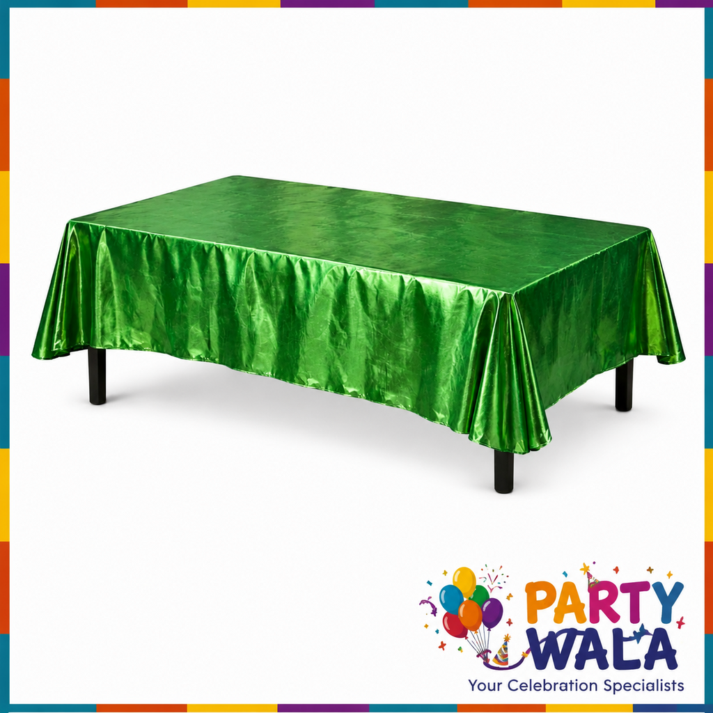 Green metallic foil tablecloth displayed on a rectangular party table