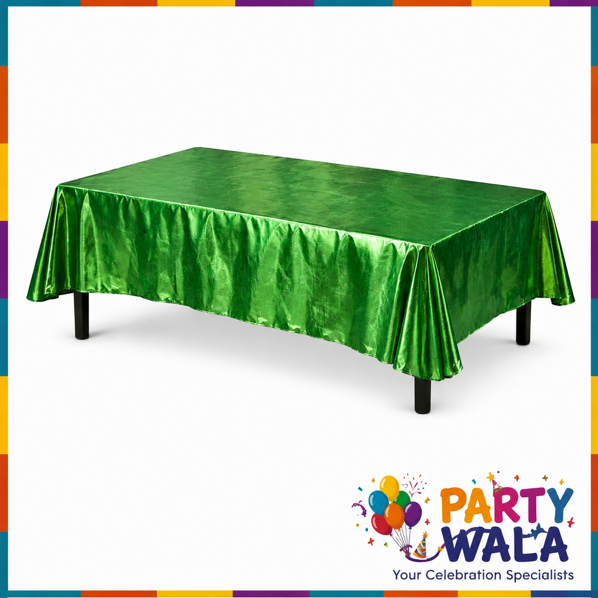 Green metallic foil tablecloth displayed on a rectangular party table