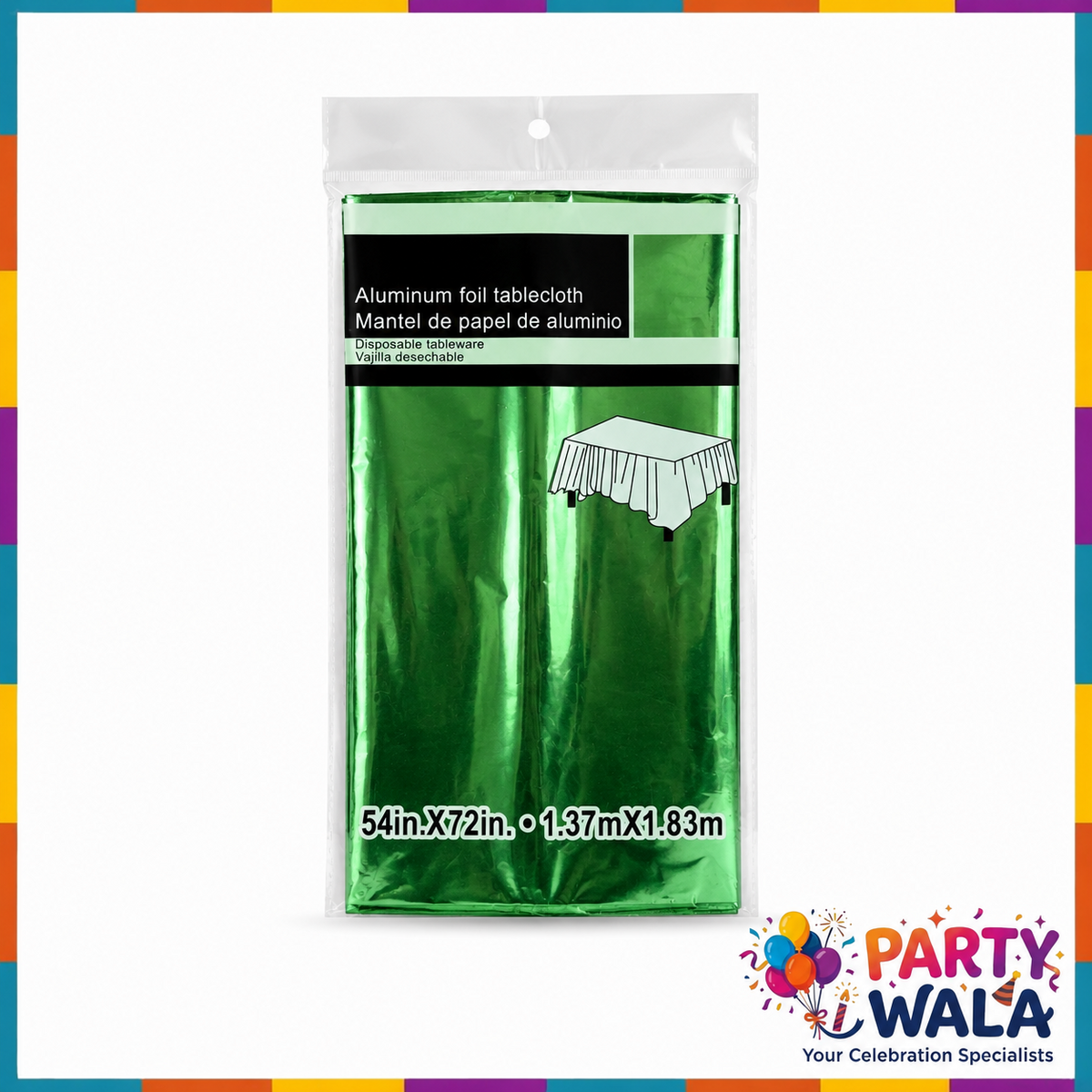 Green metallic foil tablecloth packaging, size 54 x 72 inches