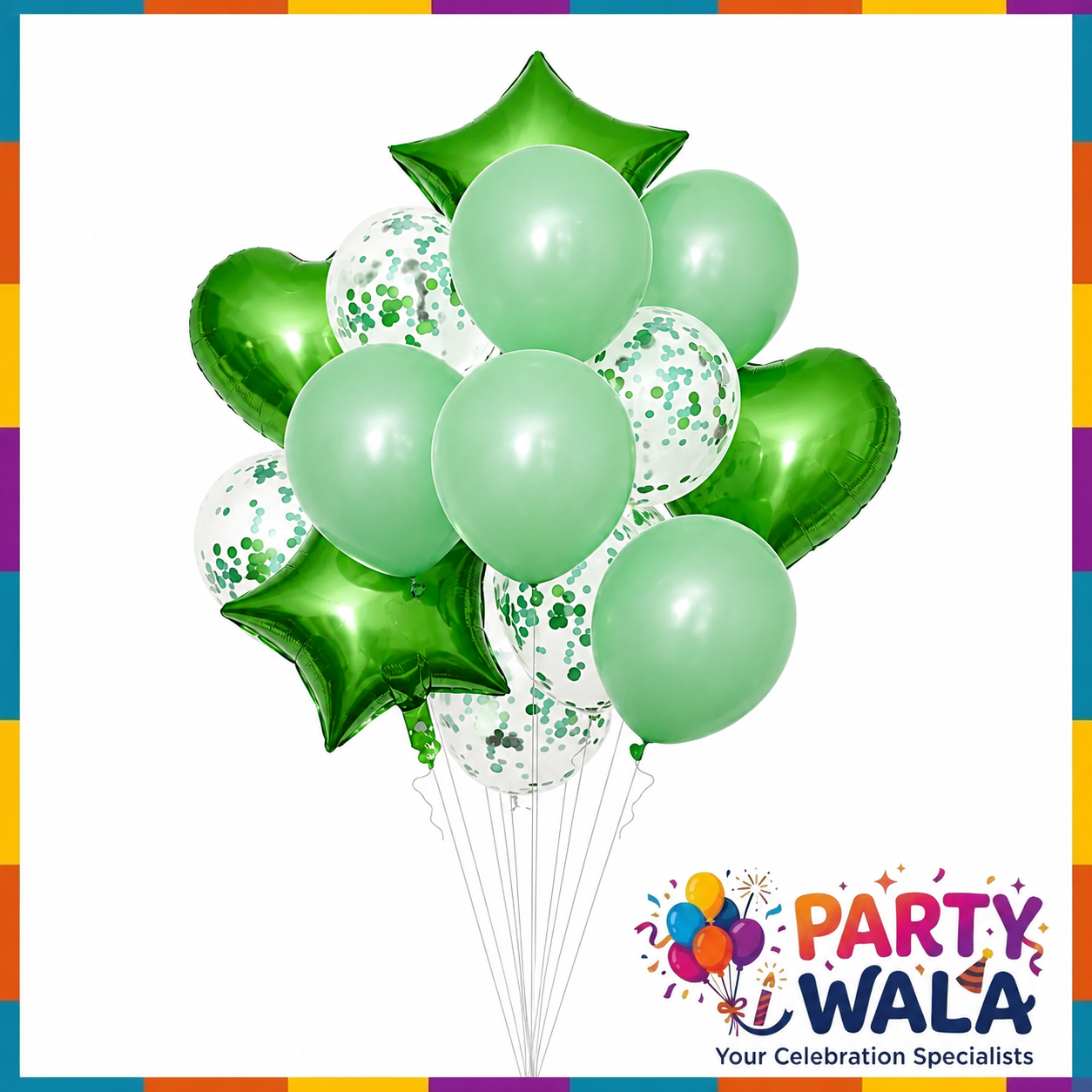 Green and mint balloon bouquet set with heart, star and confetti balloons
