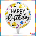 Happy Birthday 18 inch round white silver foil balloon with black lettering and gold confetti printed circles