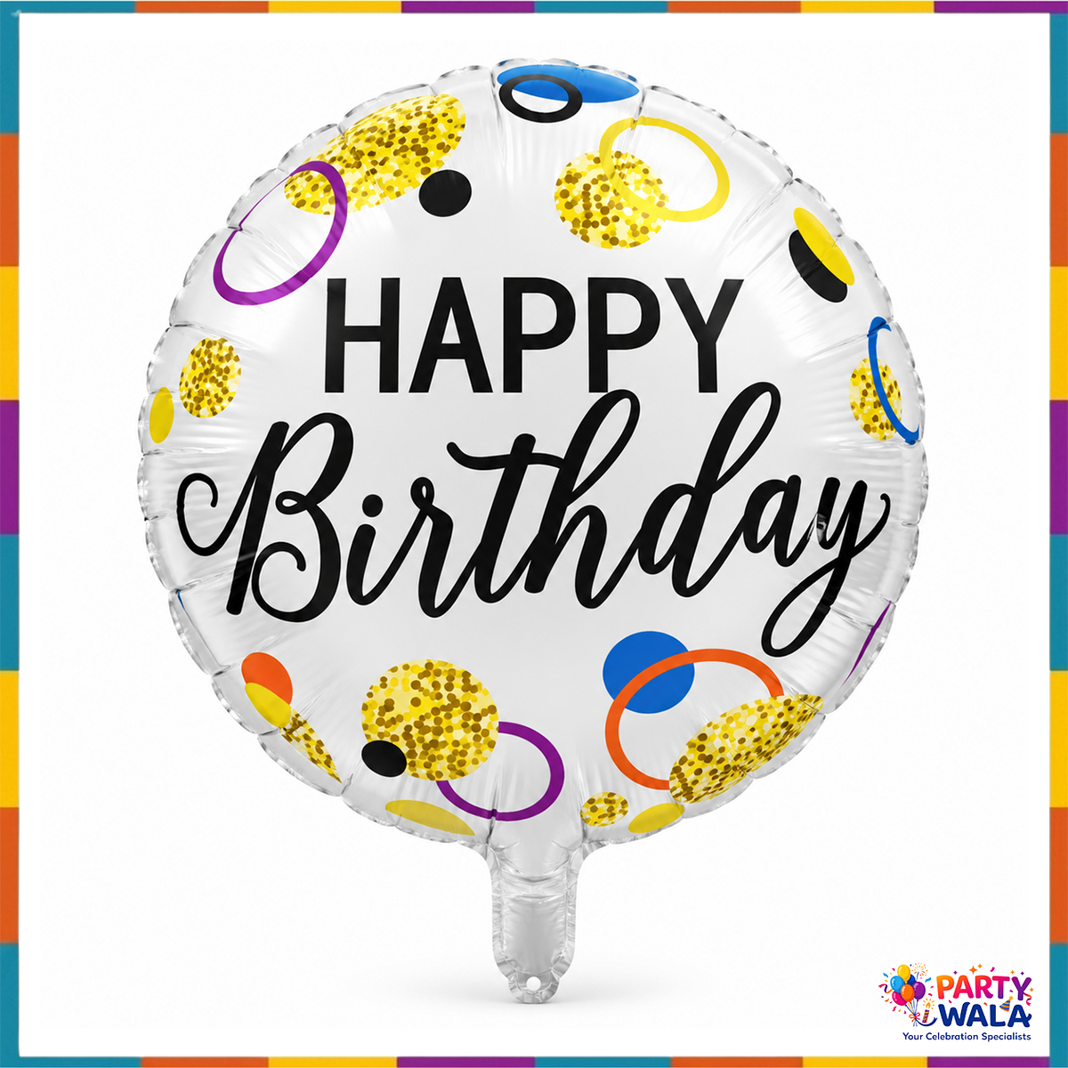 Happy Birthday 18 inch round white silver foil balloon with black lettering and gold confetti printed circles