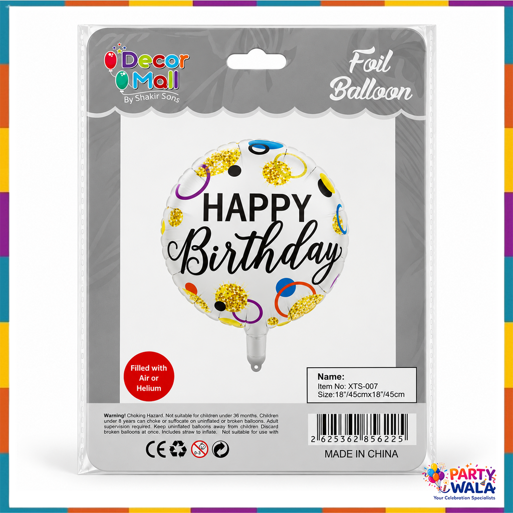 Decor Mall Happy Birthday round 18 inch foil balloon in grey retail packaging showing air or helium inflation
