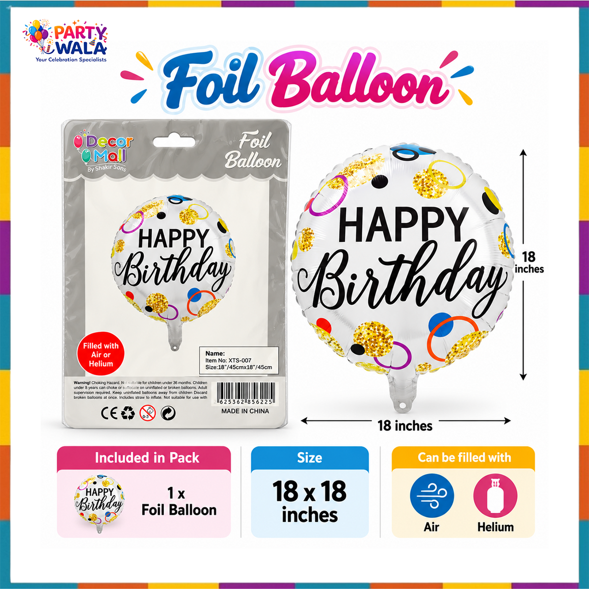 Happy Birthday gold confetti circle foil balloon pack details, single balloon, 18 by 18 inches, air or helium