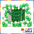 Happy Independence Day green and white balloon decoration with green and silver foil curtains