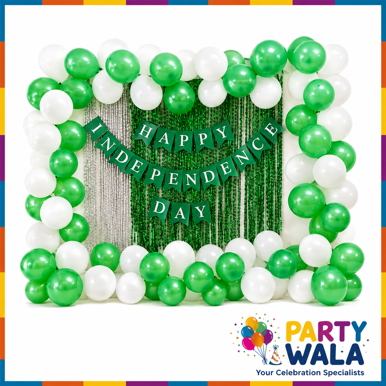 Happy Independence Day green and white balloon decoration with green and silver foil curtains