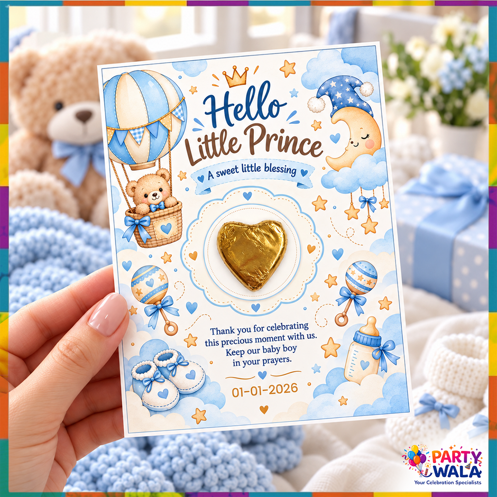 Hello Little Prince baby boy chocolate thank you card 4 x 5 inches lifestyle view