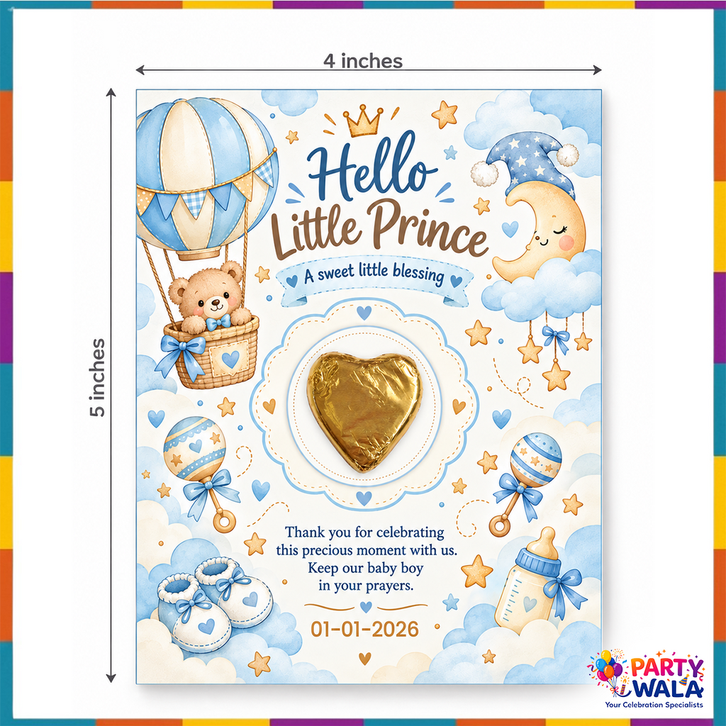 Hello Little Prince baby boy chocolate thank you card 4 x 5 inches with custom date printing