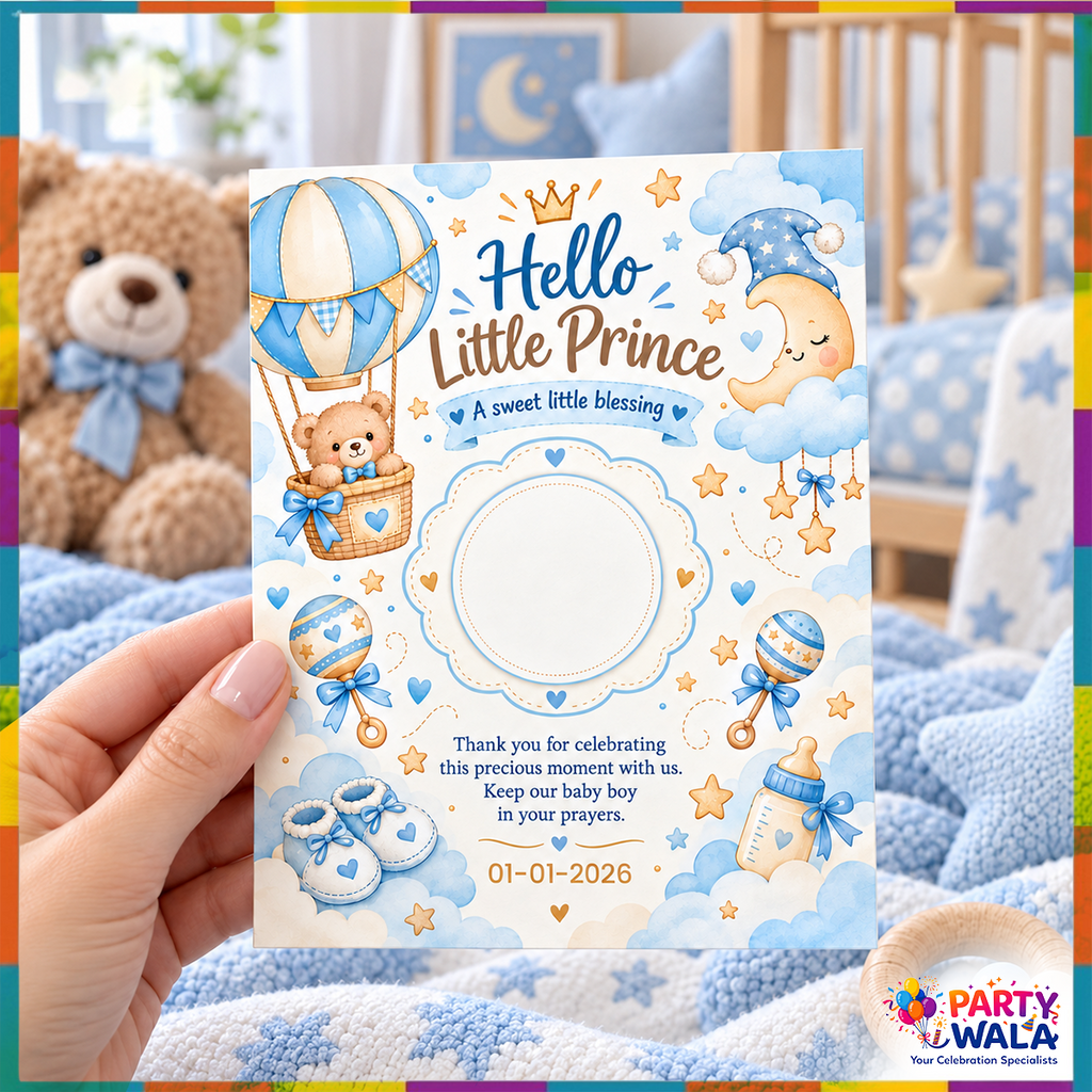 Hello Little Prince baby boy thank you card 4 x 5 inches lifestyle view